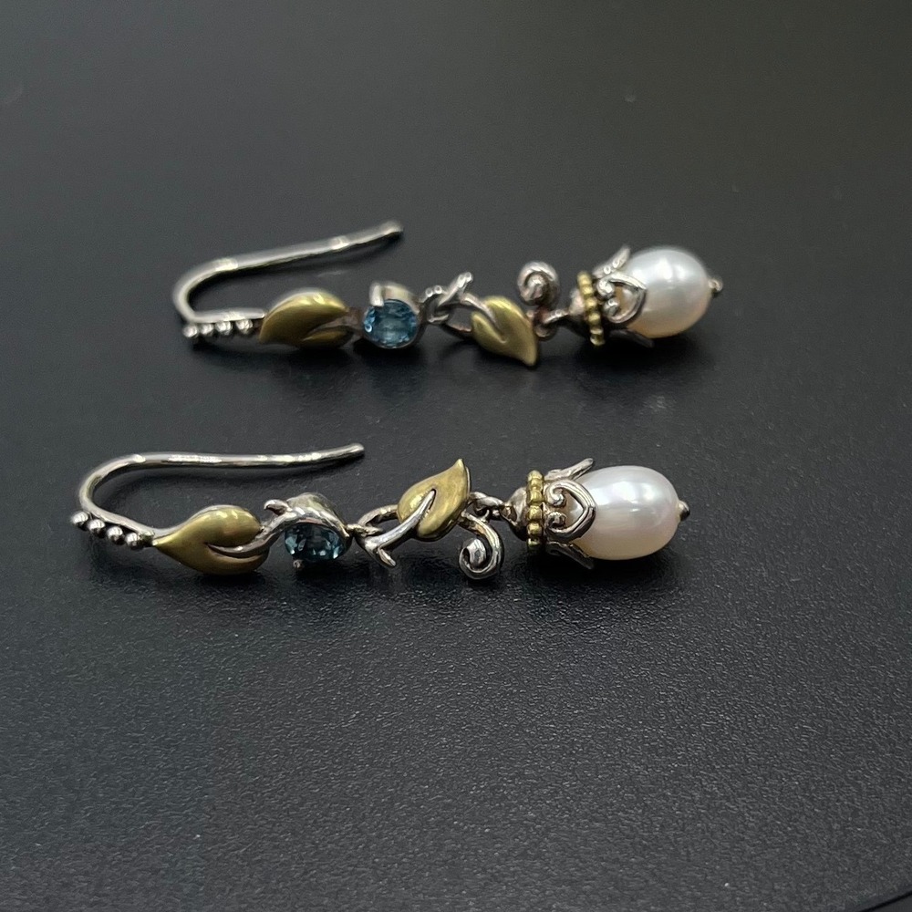 Barbara Bixby Designer Vine & Leaf White Pearl Swiss Blue Topaz Dangle Earrings